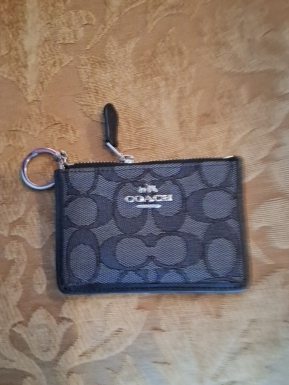 Coach Signature Small Zip Card Case in Black and Gray with Key Ring